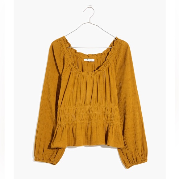 Sophia Top in Textured Gold Plaid w/Smocked Waist and Long Peasant Sleeves, Med - Picture 2 of 10